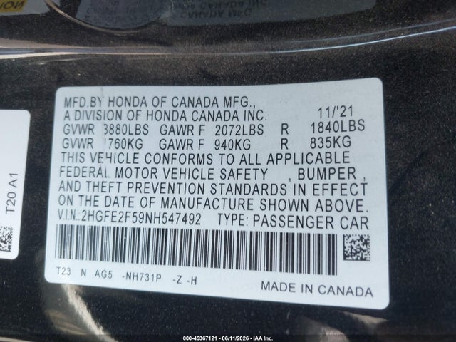 2HGFE2F59NH547492 Honda Civic Sport