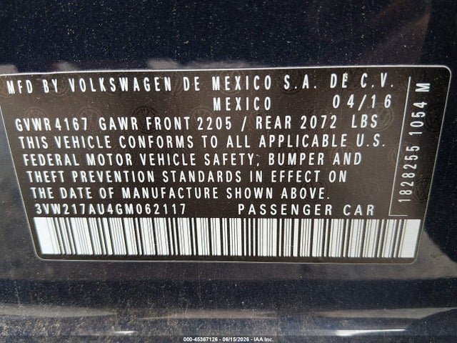 Aukcja sprzedaży 2016 Volkswagen Golf Tsi S 4-door, vin: 3VW217AU4GM062117, numer aukcji: 45367126