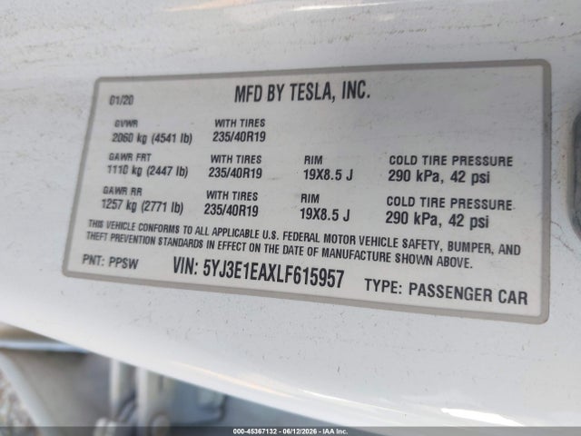 Aukcja sprzedaży 2020 Tesla Model 3 Standard Range Plus Rear-wheel Drive/standard Range Rear-wheel Drive, vin: 5YJ3E1EAXLF615957, numer aukcji: 45367132