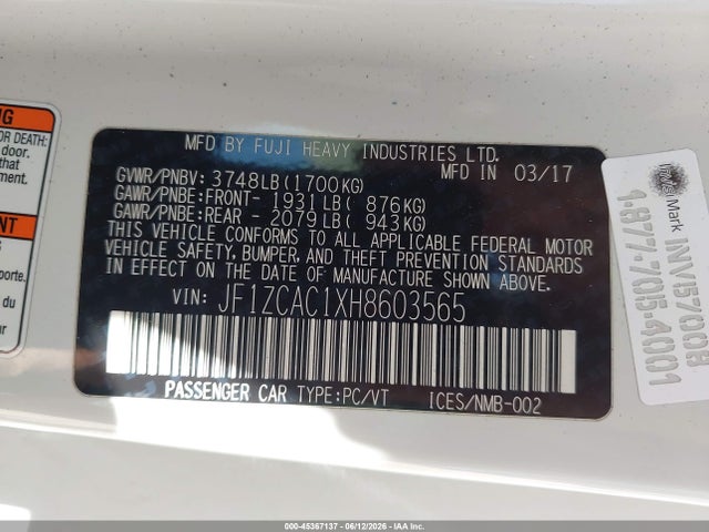 Auction sale of the 2017 Subaru Brz Limited, vin: JF1ZCAC1XH8603565, lot number: 45367137