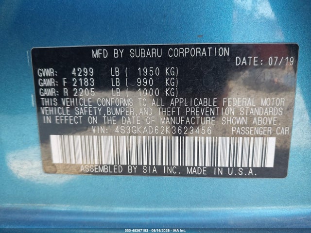 Aukcja sprzedaży 2019 Subaru Impreza 2.0i Premium, vin: 4S3GKAD62K3623456, numer aukcji: 45367153