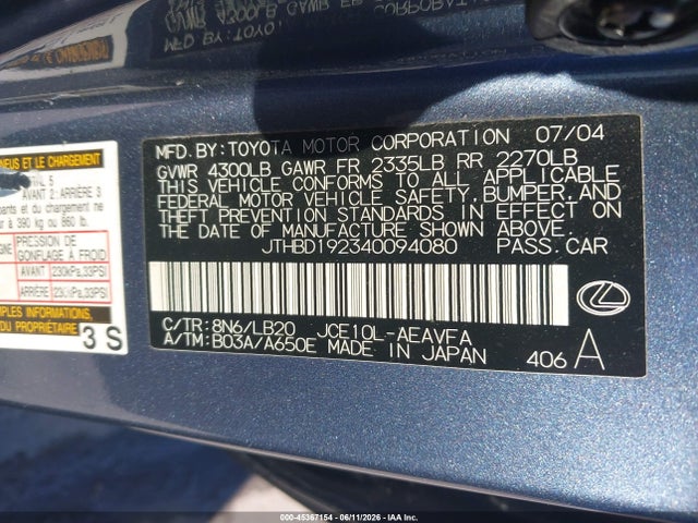 Aukcja sprzedaży 2004 Lexus Is 300, vin: JTHBD192340094080, numer aukcji: 45367154