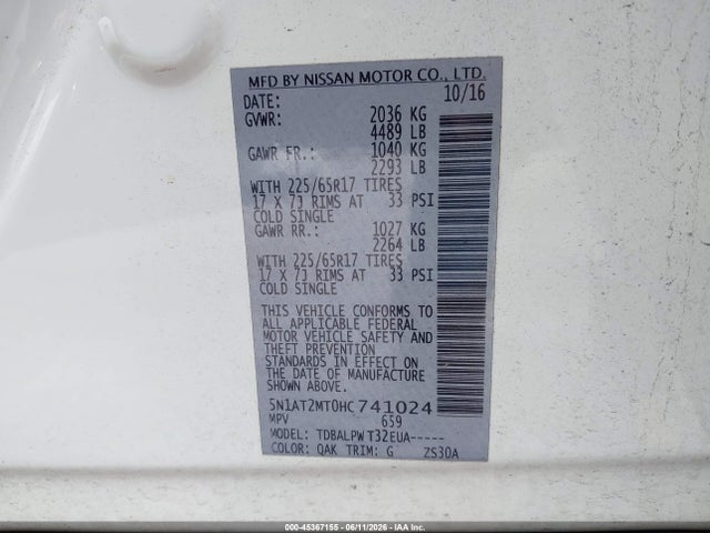 45367155 :رقم المزاد ، 5N1AT2MT0HC741024 vin ، 2017 Nissan Rogue S مزاد بيع