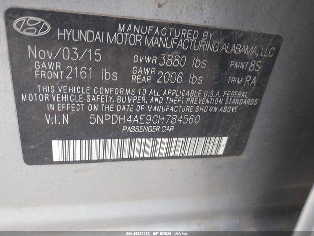 45367158 :رقم المزاد ، 5NPDH4AE9GH784560 vin ، 2016 Hyundai Elantra Se مزاد بيع