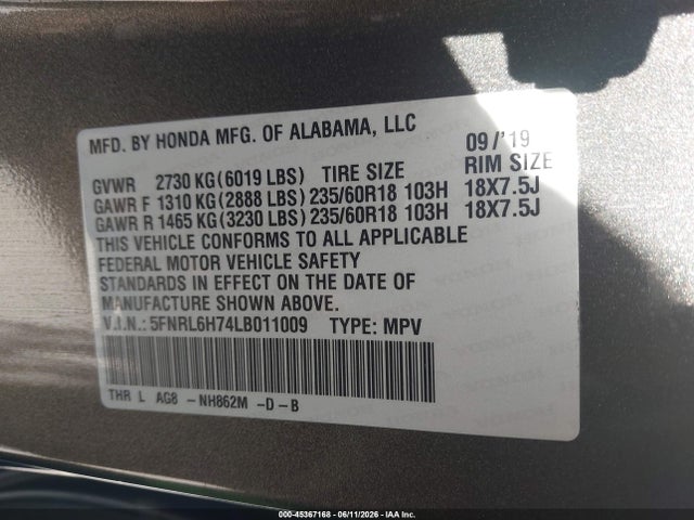 Продажа на аукционе авто 2020 Honda Odyssey Ex-l/ex-l W/navi   Res, vin: 5FNRL6H74LB011009, номер лота: 45367168