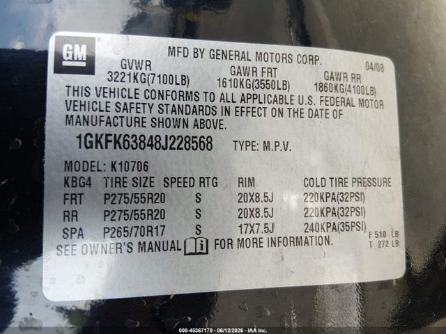 Продажа на аукционе авто 2008 Gmc Yukon Denali, vin: 1GKFK63848J228568, номер лота: 45367170