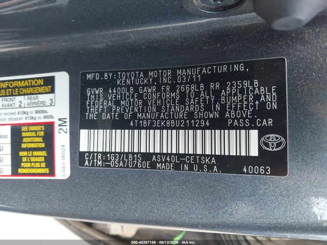 Aukcja sprzedaży 2011 Toyota Camry Se, vin: 4T1BF3EK8BU211294, numer aukcji: 45367186