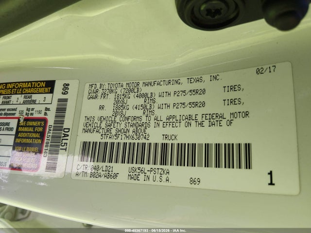 5TFAY5F17HX630742 Toyota Tundra 1794 5.7l V8