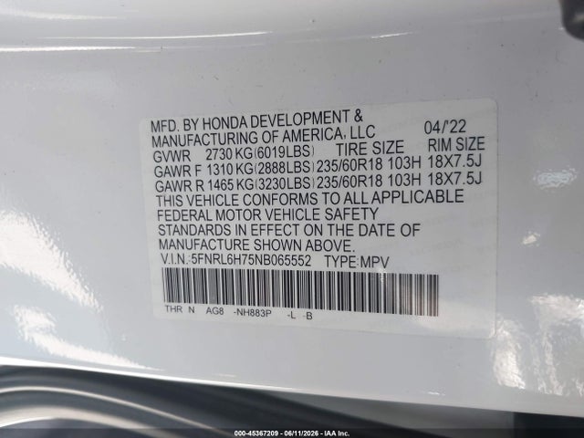 Aukcja sprzedaży 2022 Honda Odyssey Ex-l, vin: 5FNRL6H75NB065552, numer aukcji: 45367209
