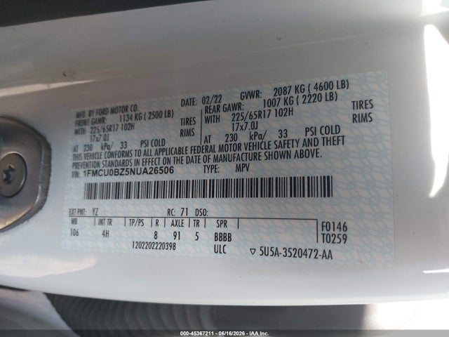 1FMCU0BZ5NUA26506 Ford Escape Se Hybrid