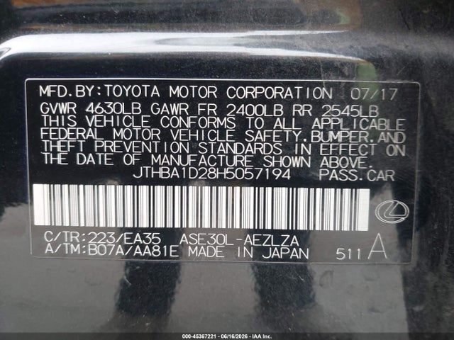 Aukcja sprzedaży 2017 Lexus Is 200t, vin: JTHBA1D28H5057194, numer aukcji: 45367221