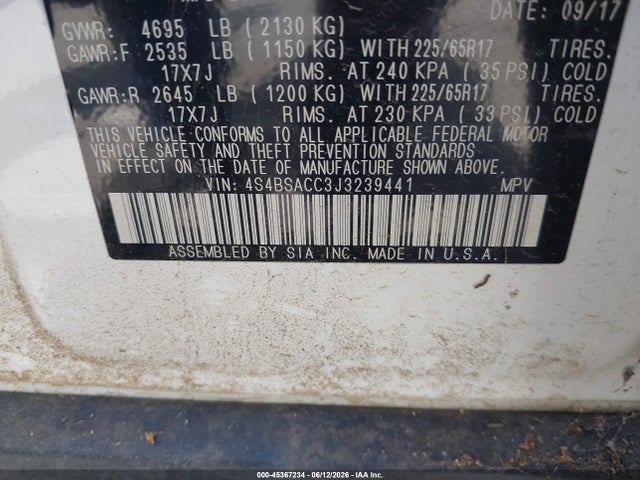 Aukcja sprzedaży 2018 Subaru Outback 2.5i Premium, vin: 4S4BSACC3J3239441, numer aukcji: 45367234