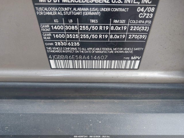 Aukcja sprzedaży 2008 Mercedes-benz Ml 350 4matic, vin: 4JGBB86E58A414607, numer aukcji: 45367241