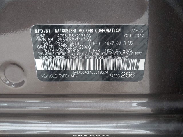 Aukcja sprzedaży 2018 Mitsubishi Outlander Le, vin: JA4AD3A37JZ019574, numer aukcji: 45367249