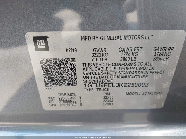 Продаж на аукціоні авто 2019 Gmc Sierra 1500 Denali, vin: 1GTU9FEL3KZ259092, номер лоту: 45367252