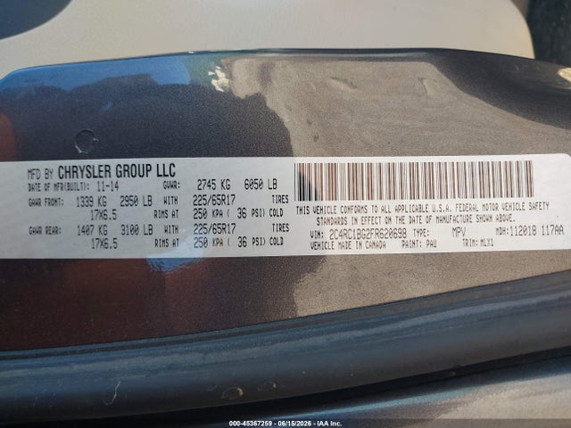 45367259 :رقم المزاد ، 2C4RC1BG2FR620698 vin ، 2015 Chrysler Town & Country Touring مزاد بيع