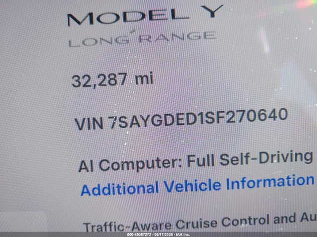 2025 Tesla Model Y Long Range Dual Motor Rear-wheel Drive მანქანა იყიდება აუქციონზე, vin: 7SAYGDED1SF270640, აუქციონის ნომერი: 45367272