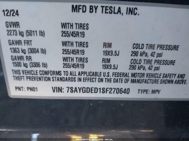 2025 Tesla Model Y Long Range Dual Motor Rear-wheel Drive მანქანა იყიდება აუქციონზე, vin: 7SAYGDED1SF270640, აუქციონის ნომერი: 45367272