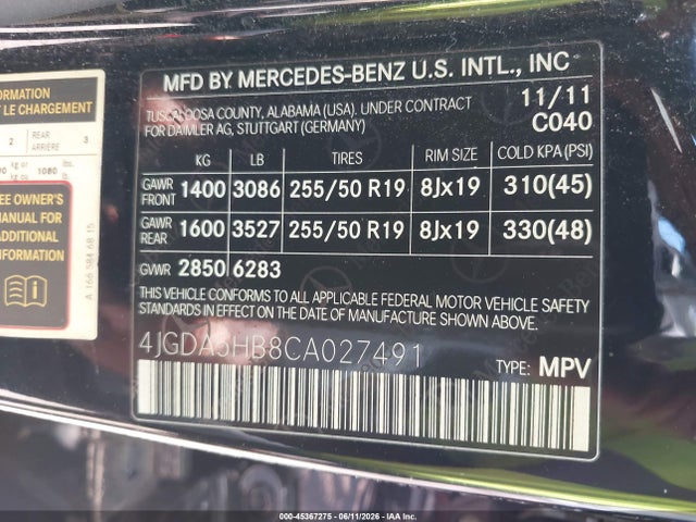 Продаж на аукціоні авто 2012 Mercedes-benz Ml 350 4matic, vin: 4JGDA5HB8CA027491, номер лоту: 45367275