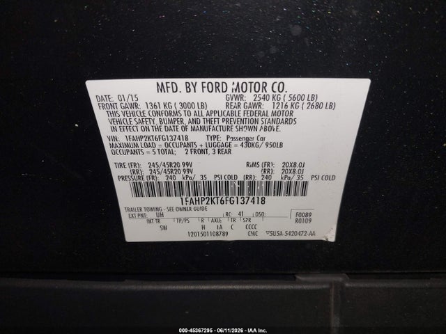 Aukcja sprzedaży 2015 Ford Taurus Sho, vin: 1FAHP2KT6FG137418, numer aukcji: 45367295