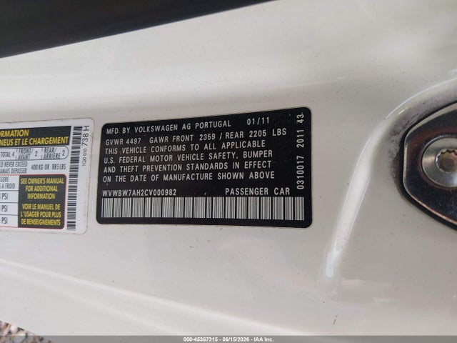 Продаж на аукціоні авто 2012 Volkswagen Eos Komfort, vin: WVWBW7AH2CV000982, номер лоту: 45367315