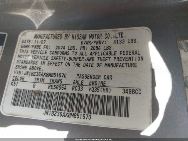 2008 Nissan 350z Enthusiast მანქანა იყიდება აუქციონზე, vin: JN1BZ36AX8M851570, აუქციონის ნომერი: 45367319