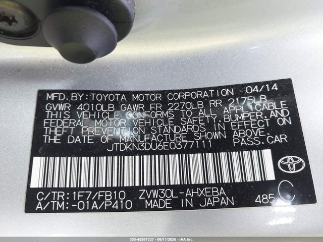 2014 Toyota Prius Three მანქანა იყიდება აუქციონზე, vin: JTDKN3DU6E0377111, აუქციონის ნომერი: 45367337