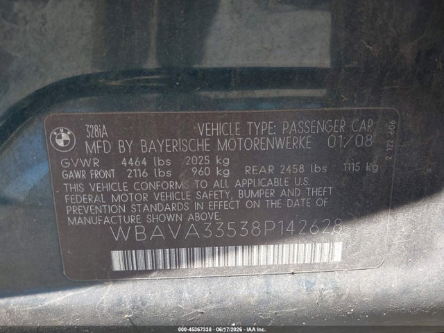 Продажа на аукционе авто 2008 Bmw 328i, vin: WBAVA33538P142628, номер лота: 45367338