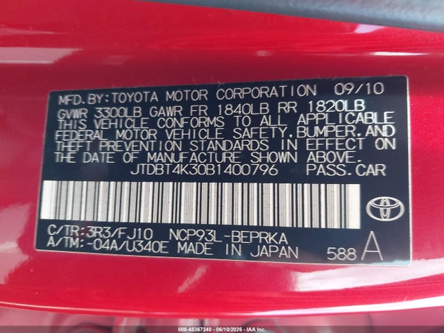 Aukcja sprzedaży 2011 Toyota Yaris, vin: JTDBT4K30B1400796, numer aukcji: 45367340