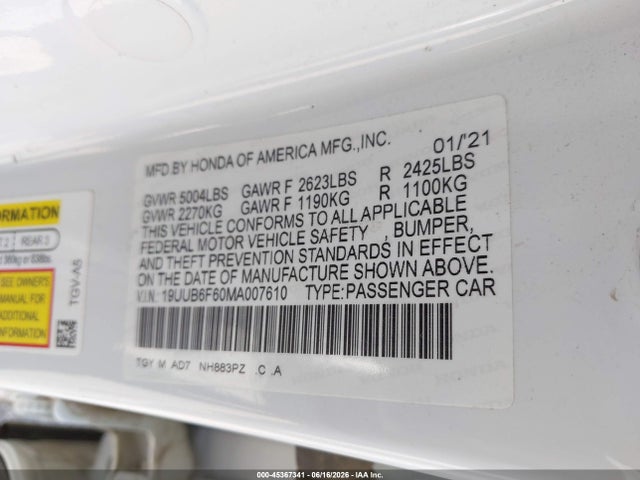 45367341 :رقم المزاد ، 19UUB6F60MA007610 vin ، 2021 Acura Tlx Advance Package مزاد بيع