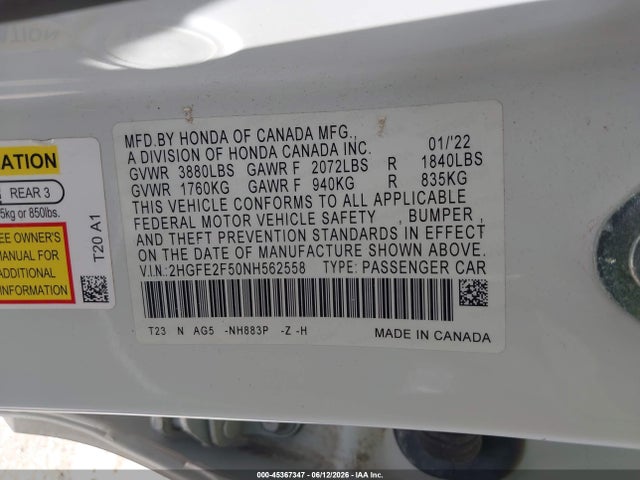 2HGFE2F50NH562558 Honda Civic Sport