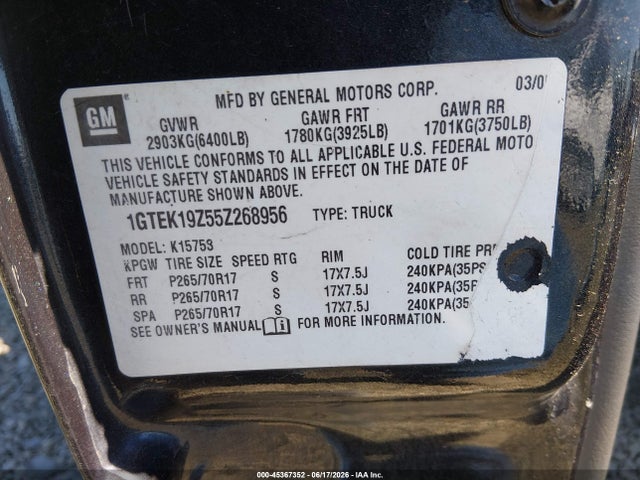 Продаж на аукціоні авто 2005 Gmc Sierra 1500 Sle, vin: 1GTEK19Z55Z268956, номер лоту: 45367352