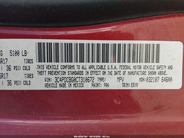 Продаж на аукціоні авто 2012 Dodge Journey Sxt, vin: 3C4PDCBG0CT310672, номер лоту: 45367361