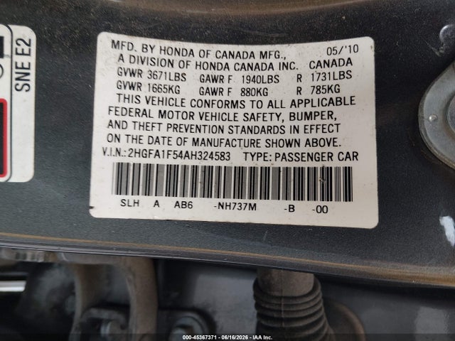 Продажа на аукционе авто 2010 Honda Civic Lx, vin: 2HGFA1F54AH324583, номер лота: 45367371
