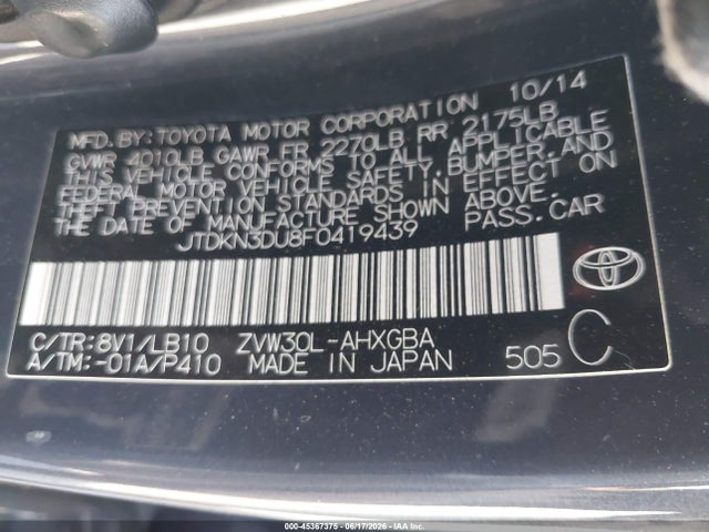JTDKN3DU8F0419439 Toyota Prius Four