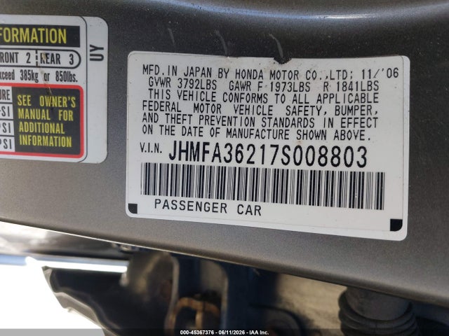 Продажа на аукционе авто 2007 Honda Civic Hybrid, vin: JHMFA36217S008803, номер лота: 45367376