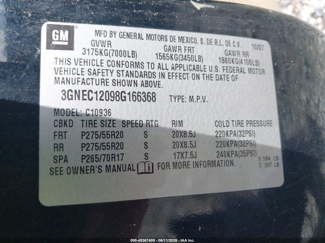 Продаж на аукціоні авто 2008 Chevrolet Avalanche 1500 Ltz, vin: 3GNEC12098G166368, номер лоту: 45367409