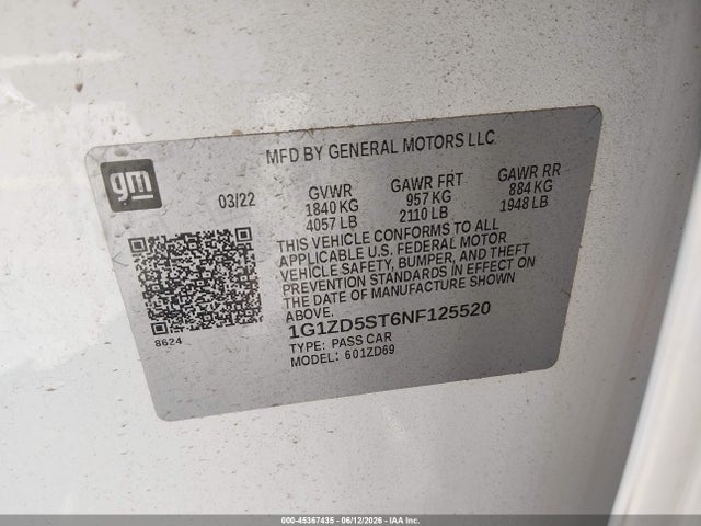 Продаж на аукціоні авто 2022 Chevrolet Malibu Fwd Lt, vin: 1G1ZD5ST6NF125520, номер лоту: 45367435