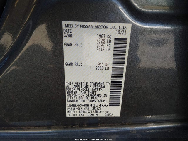 Auction sale of the 2021 Nissan Altima Sr Fwd, vin: 1N4BL4CV4MN412466, lot number: 45367437