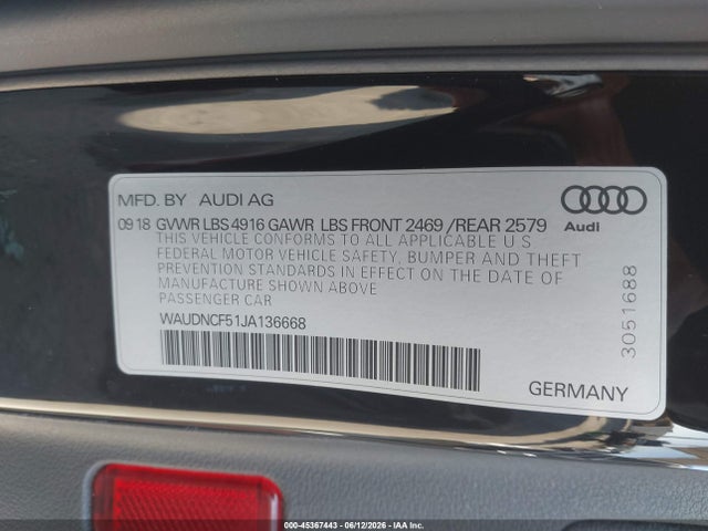 WAUDNCF51JA136668 Audi A5 2.0t Premium