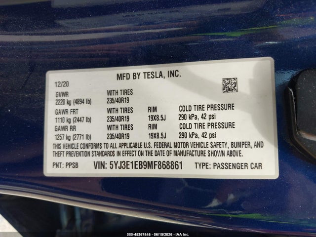 Tesla Model 3 Long Range 2021 5YJ3E1EB9MF868861 Image 9