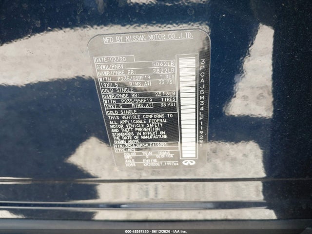 45367450 :رقم المزاد ، 3PCAJ5M34LF119291 vin ، 2020 Infiniti Qx50 Essential Awd مزاد بيع