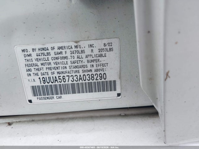 45367465 :رقم المزاد ، 19UUA56733A038290 vin ، 2003 Acura Tl 3.2 مزاد بيع