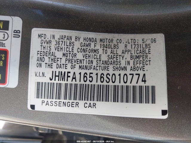 Aukcja sprzedaży 2006 Honda Civic Lx, vin: JHMFA16516S010774, numer aukcji: 45367467