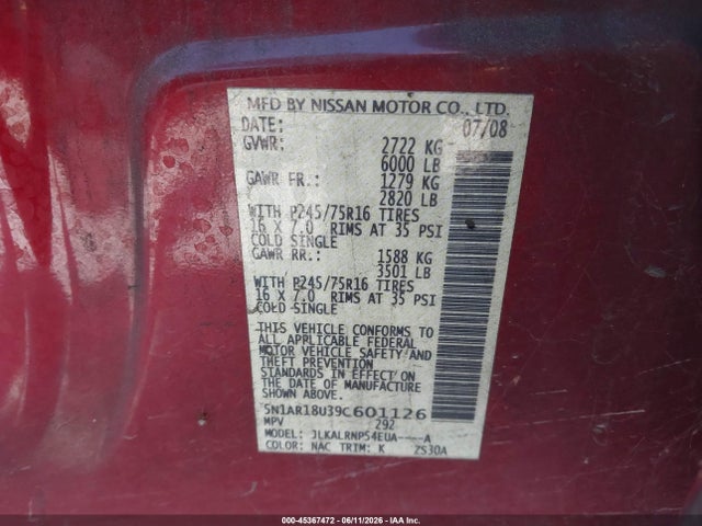 Aukcja sprzedaży 2009 Nissan Pathfinder S, vin: 5N1AR18U39C601126, numer aukcji: 45367472