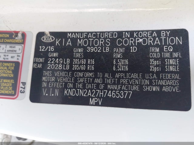 2017 Kia Soul მანქანა იყიდება აუქციონზე, vin: KNDJN2A27H7465377, აუქციონის ნომერი: 45367478