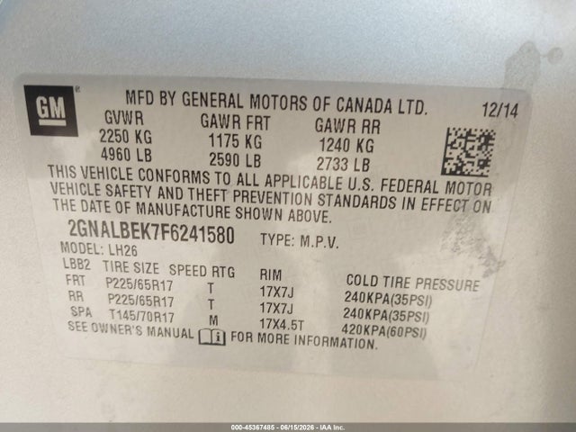 45367485 :رقم المزاد ، 2GNALBEK7F6241580 vin ، 2015 Chevrolet Equinox Lt مزاد بيع