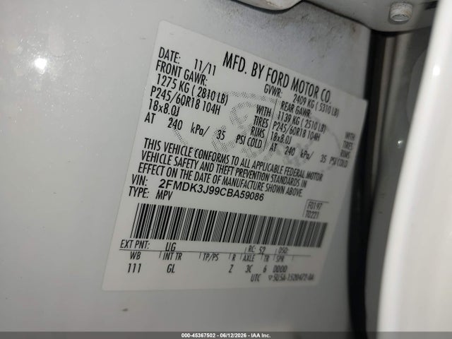 Aukcja sprzedaży 2012 Ford Edge Sel, vin: 2FMDK3J99CBA59086, numer aukcji: 45367502