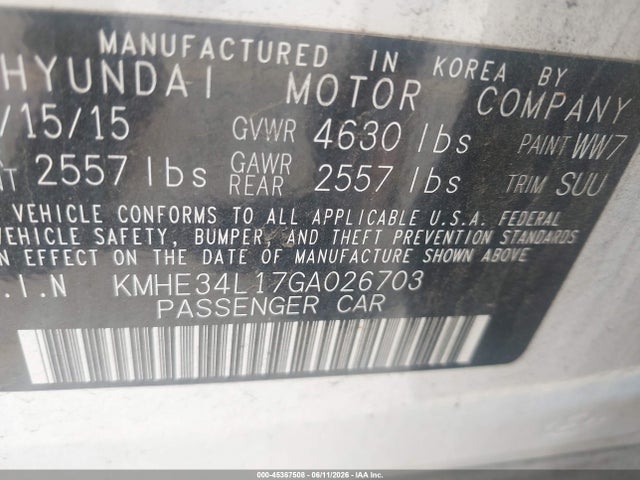 Aukcja sprzedaży 2016 Hyundai Sonata Hybrid Limited, vin: KMHE34L17GA026703, numer aukcji: 45367508