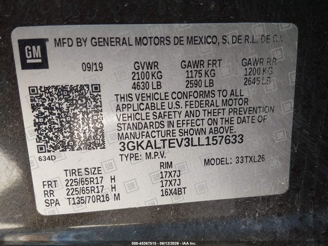 Продаж на аукціоні авто 2020 Gmc Terrain Awd Sle, vin: 3GKALTEV3LL157633, номер лоту: 45367515